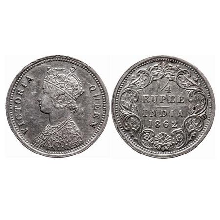 Victoria Queen, Silver, 1/4 Rupee, 1862, Bombay Mint, A/I, Cud's on Obv rim edge, Ghost on