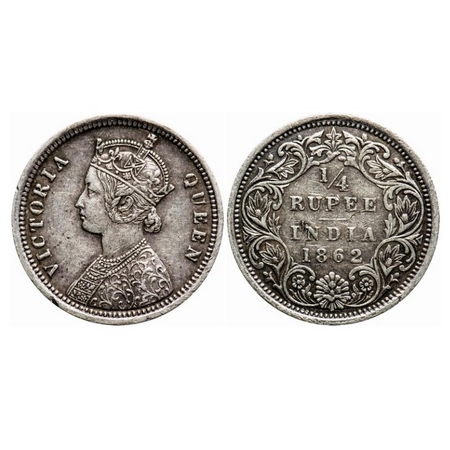 Victoria Queen, Silver, 1/4 Rupee, 1862, Bombay Mint, A/I, Die doubling of alphabets in 'V