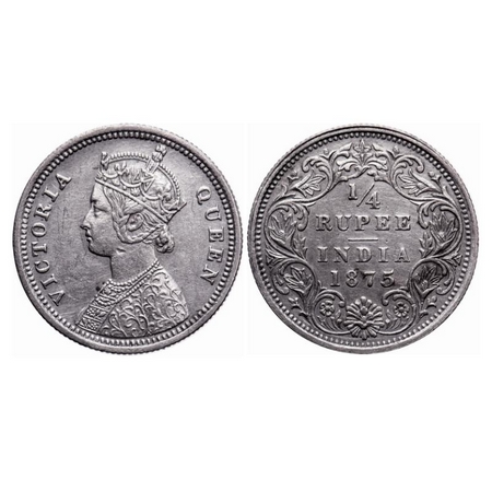 Victoria Queen, Silver, 1/4 Rupee, 1875, Bombay Mint, A/I, No dot. GK 666. Extremely fine+