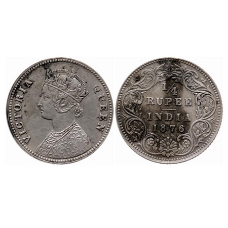 Victoria Queen, Silver, 1/4 Rupee, 1876, Calcutta Mint, A/I, No mint mark, No 'C', Ghost o