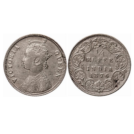 Victoria Queen, Silver, 1/4 Rupee, 1876, Calcutta Mint, A/I, No mint mark, No 'C', Ex-moun