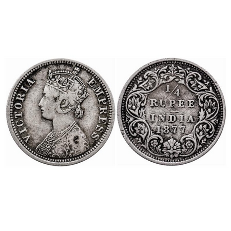 Victoria Empress, Silver, 1/4 Rupee, 1877, Bombay Mint, A/I, Dot, The Queen's jabot has 4