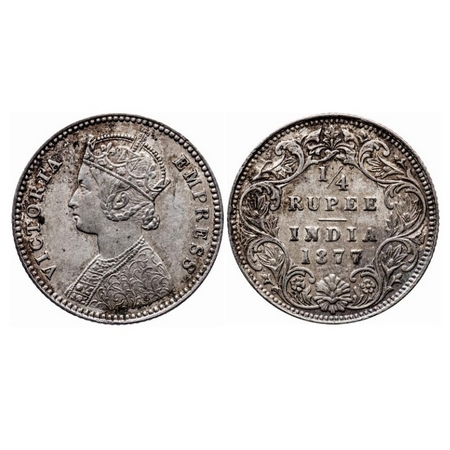 Victoria Empress, Silver, 1/4 Rupee, 1877, Calcutta Mint, B/I, No mint mark, No 'C'. GK 67