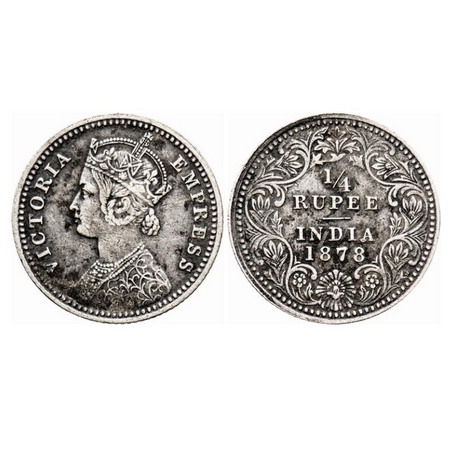 Victoria Empress, Silver, 1/4 Rupee, 1878, C/II, No mint mark, No 'C'. GK 673. Very Fine+,