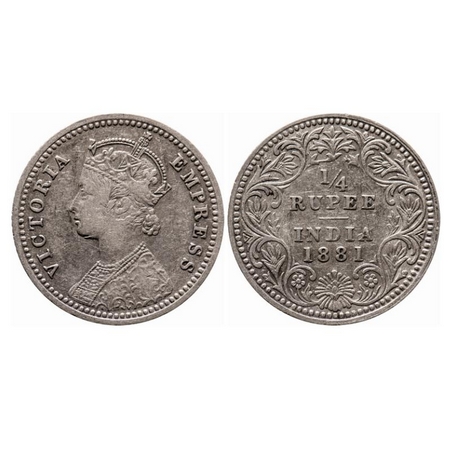 Victoria Empress, Silver, 1/4 Rupee, 1881, Calcutta Mint, C/II, 'C' incused, Ghost on Rev.
