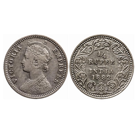 Victoria Empress, Silver, 1/4 Rupee, 1882, Calcutta Mint, C/II, 'C' incused. Ghost on Rev,