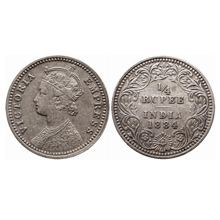 Victoria Empress, Silver, 1/4 Rupee, 1884, Calcutta Mint, C/II, No mint mark, No 'C', Ghos