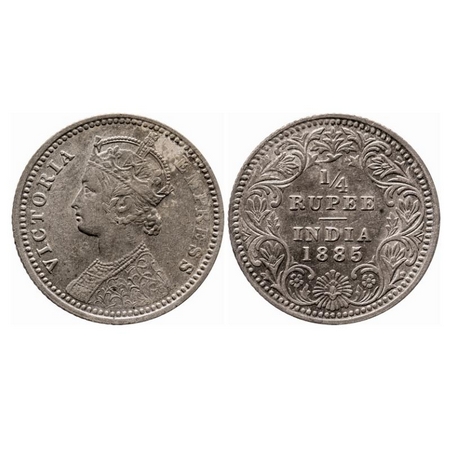 Victoria Empress, Silver, 1/4 Rupee, 1885, Calcutta Mint, C/II, 'C' incused. GK 702. Very 