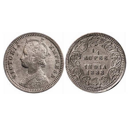 Victoria Empress, Silver, 1/4 Rupee, 1888, Calcutta Mint, C/II, No mint mark, No 'C', The 