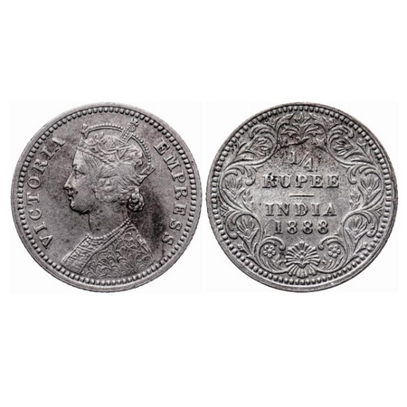 Victoria Empress, Silver, 1/4 Rupee, 1888, Calcutta Mint, C/II, No mint mark, No 'C', The