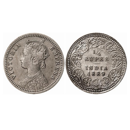 Victoria Empress, Silver, 1/4 Rupee, 1889, Calcutta Mint, C/II, 'C' incused, Ghost on Rev,