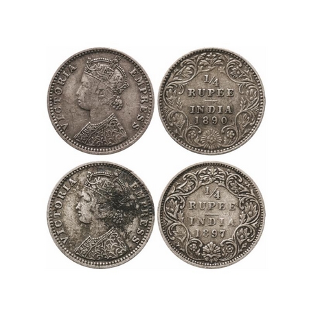 Victoria Empress, Silver, 1/4 Rupee (2 Coins), 1890, Bombay Mint, C(i)/II, 'B' incused, 18