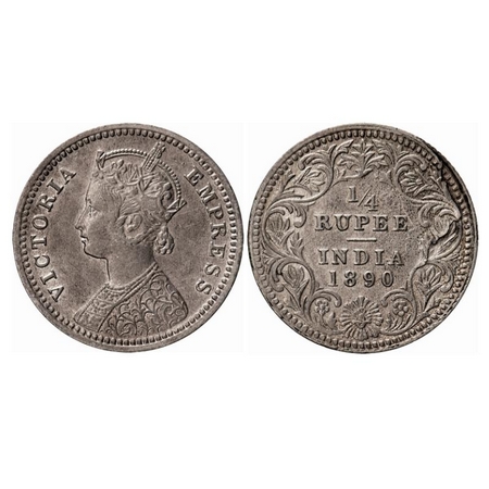 Victoria Empress, Silver, 1/4 Rupee, 1890, Calcutta Mint, C/II, 'C' incused, Ghost on Rev,