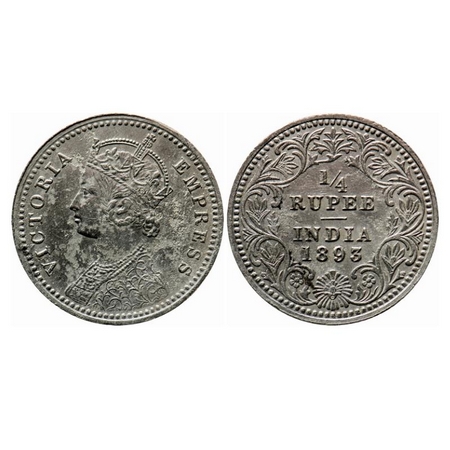 Victoria Empress, Silver, 1/4 Rupee, 1893, Calcutta Mint, C/II, 'C' incused. GK 725. Very 