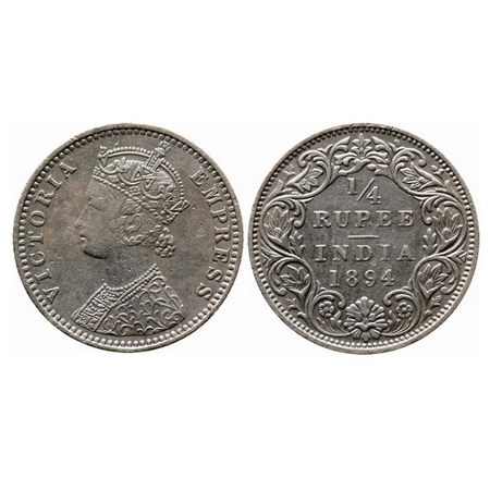 Victoria Empress, Silver, 1/4 Rupee, 1894, Bombay Mint, C(i)/I, 'B' incused. GK 726. About