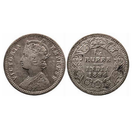 Victoria Empress, Silver, 1/4 Rupee, 1894, Calcutta Mint, C/II, 'C' incused. GK 727. Very 