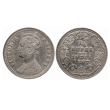 Victoria Empress, Silver, 1/4 Rupee, 1897, Calcutta Mint, C/II, 'C' incused. GK 732. Extre