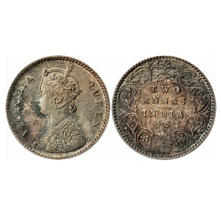 Victoria Queen, Silver, 2 Annas, 1862, Calcutta Mint, A/I, Bottom flower top 3 petals same