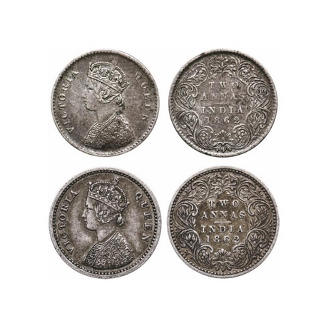 Victoria Queen, Silver, 2 Annas (2 Coins), 1862, Calcutta Mint, A/I, Bottom flower top 3 p