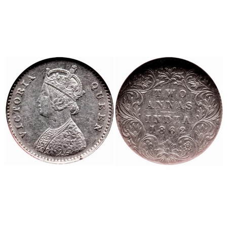 Victoria Queen, Silver, 2 Annas, 1862, Bombay Mint, A/I, Bottom flower top 3 petals same s