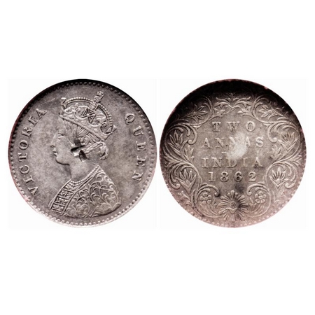 Victoria Queen, Silver, 2 Annas, 1862, Bombay Mint, A/I, Bottom flower center, Top petal b