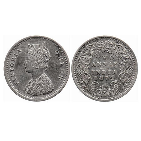 Victoria Queen, Silver, 2 Annas, 1874, Bombay Mint, A/I, No mint mark, No dot, Extra metal