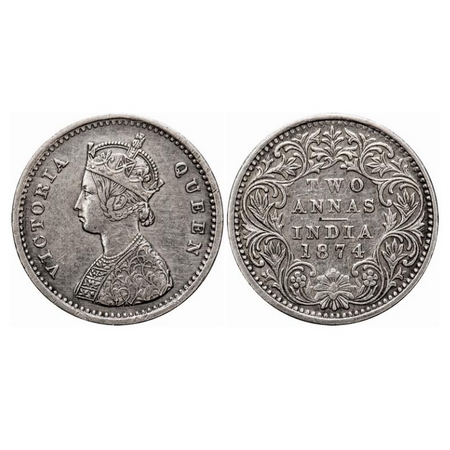 Victoria Queen, Silver, 2 Annas, 1874, Bombay Mint, A/I, No mint mark, No dot. GK 738. Abo