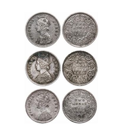 Victoria Queen, Silver, 2 Annas (3 Coins), 1874, Bombay Mint (2 coins), A/I, No mint mark,