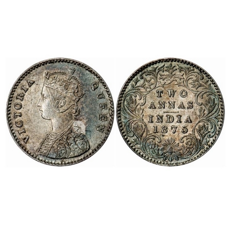 Victoria Queen, Silver, 2 Annas, 1875, Calcutta Mint, A/I, No mint mark. GK 742. Extremely