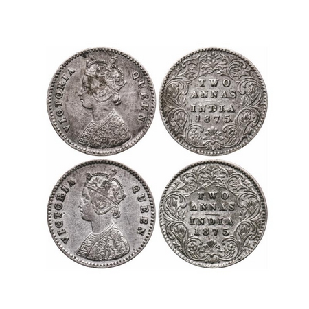 Victoria Queen, Silver, 2 Annas (2 Coins), 1875, Calcutta Mint, A/I, No mint mark. GK 742.