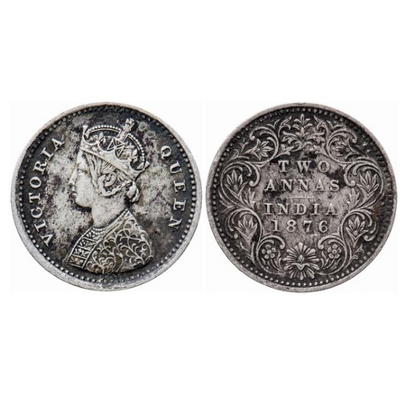 Victoria Queen, Silver, 2 Annas, 1876, Bombay Mint, A/I, No mint mark, No dot. GK 743. Ver