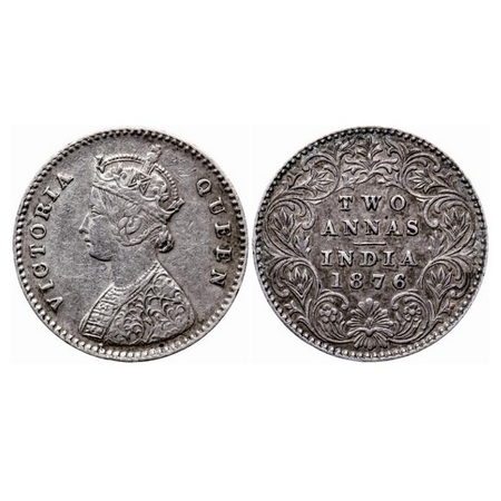 Victoria Queen, Silver, 2 Annas, 1876, Calcutta Mint, A/I, No mint mark. GK 745. Very Fine