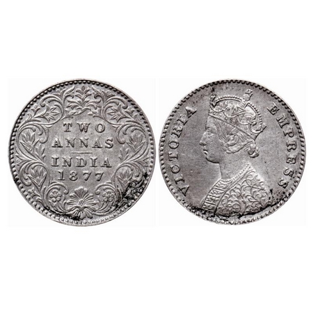Victoria Empress, Silver, 2 Annas, 1877, Calcutta Mint, A/I, No mint mark. GK 748. Very Fi