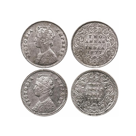 Victoria Empress, Silver, 2 Annas (2 Coins), 1877, Calcutta Mint, A/I, No mint mark, 1878,