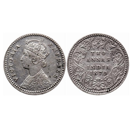 Victoria Empress, Silver, 2 Annas, 1879, Calcutta Mint, B/II, 'C' incused. GK 753. Very Fi