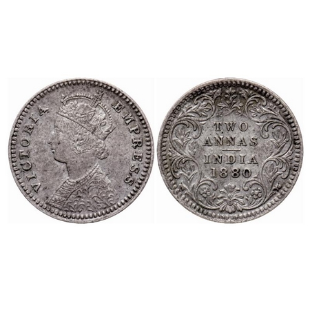 Victoria Empress, Silver, 2 Annas, 1880, Calcutta Mint, B/II, 'C' incused. GK 754. Very Fi