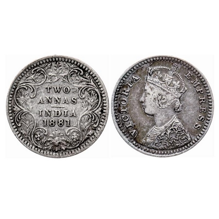Victoria Empress, Silver, 2 Annas, 1881, Bombay Mint, B/II, Dot. GK 757. Very Fine. Scarce