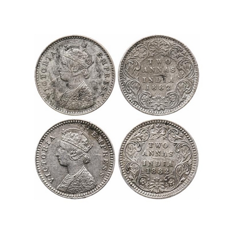 Victoria Empress, Silver, 2 Annas (2 Coins), 1882, Bombay Mint, A/I, Dot, Calcutta Mint, B