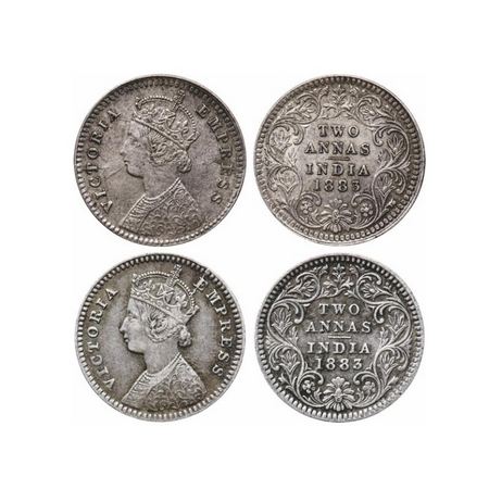 Victoria Empress, Silver, 2 Annas (2 Coins), 1883, Calcutta Mint, B/II, 'C' incused. GK 76