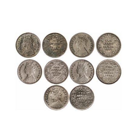 Victoria Empress, Silver, 2 Annas (5 Coins), 1883, Bombay Mint, A/I, Dot, 1891, Bombay Min