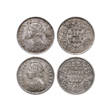 Victoria Empress, Silver, 2 Annas (2 Coins), 1884, Bombay Mint, 1) A/I, No dot, 2) A/I, 'B