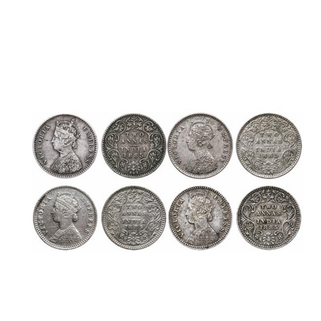 Victoria Empress, Silver, 2 Annas (4 Coins), 1885, Bombay Mint (2 coins), A/I, 'B' raised,