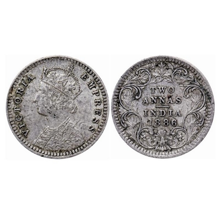 Victoria Empress, Silver, 2 Annas, 1886, Calcutta Mint, B/II, 'C' incused. GK 782. Very Fi
