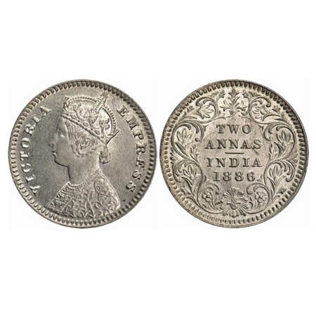 Victoria Empress, Silver, 2 Annas, 1886, Calcutta Mint, B/II, 'C' incused, Die crack on Ob