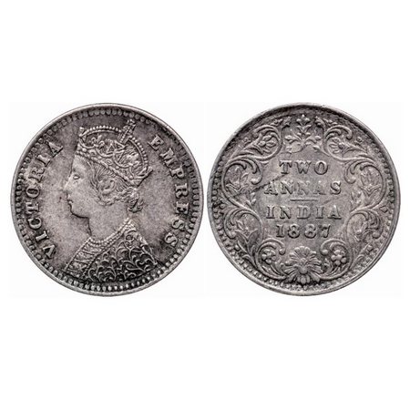 Victoria Empress, Silver, 2 Annas, 1887, Bombay Mint, B/II, 'B' incused. GK 783. Very Fine