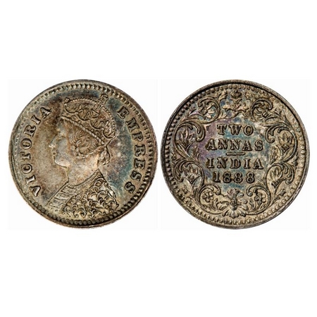 Victoria Empress, Silver, 2 Annas, 1888, Bombay Mint, B/II, 'B' incused, Ghost on Obv. GK 