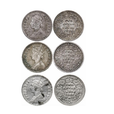 Victoria Empress, Silver, 2 Annas, 1888 (3 Coins), Calcutta Mint, B/II, No mint mark, No '