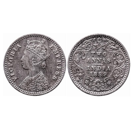 Victoria Empress, Silver, 2 Annas, 1889, Bombay Mint, B/II, 'B' incused. GK 787. Very Fine