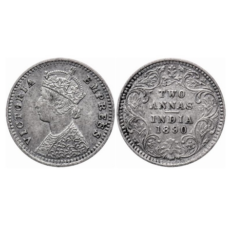 Victoria Empress, Silver, 2 Annas, 1890, Bombay Mint, B/II, 'B' incused. GK 792. Extremely