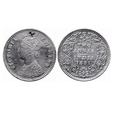 Victoria Empress, Silver, 2 Annas, 1891, Bombay Mint, B/II, 'B' incused. GK 794. Extremely